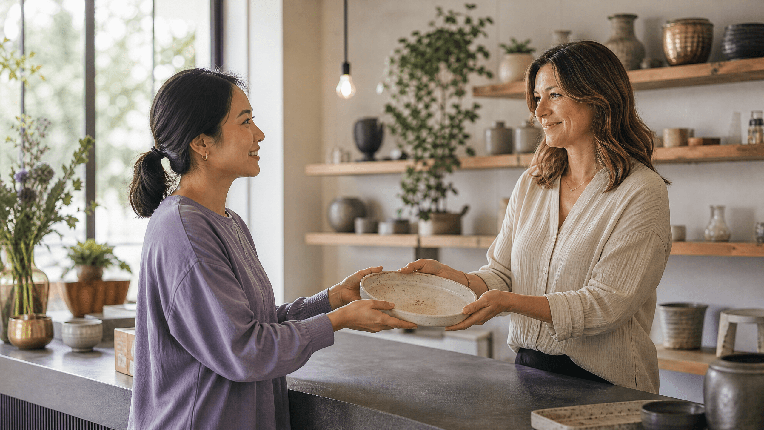 Business owner completing a warm customer handoff across a counter