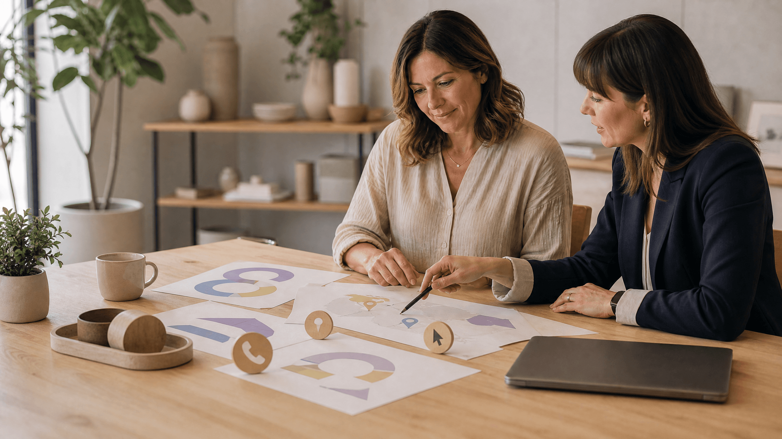 Business owner and advisor reviewing abstract local discovery reports at a table
