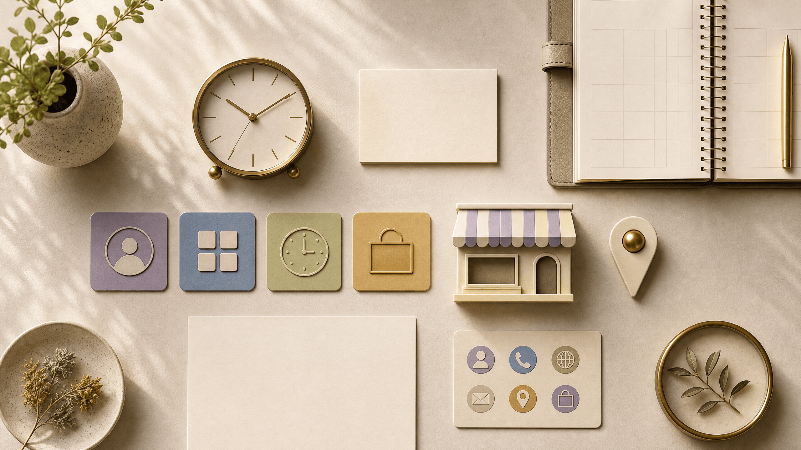 A visual arrangement of business information cues including hours, category, storefront, contact and location