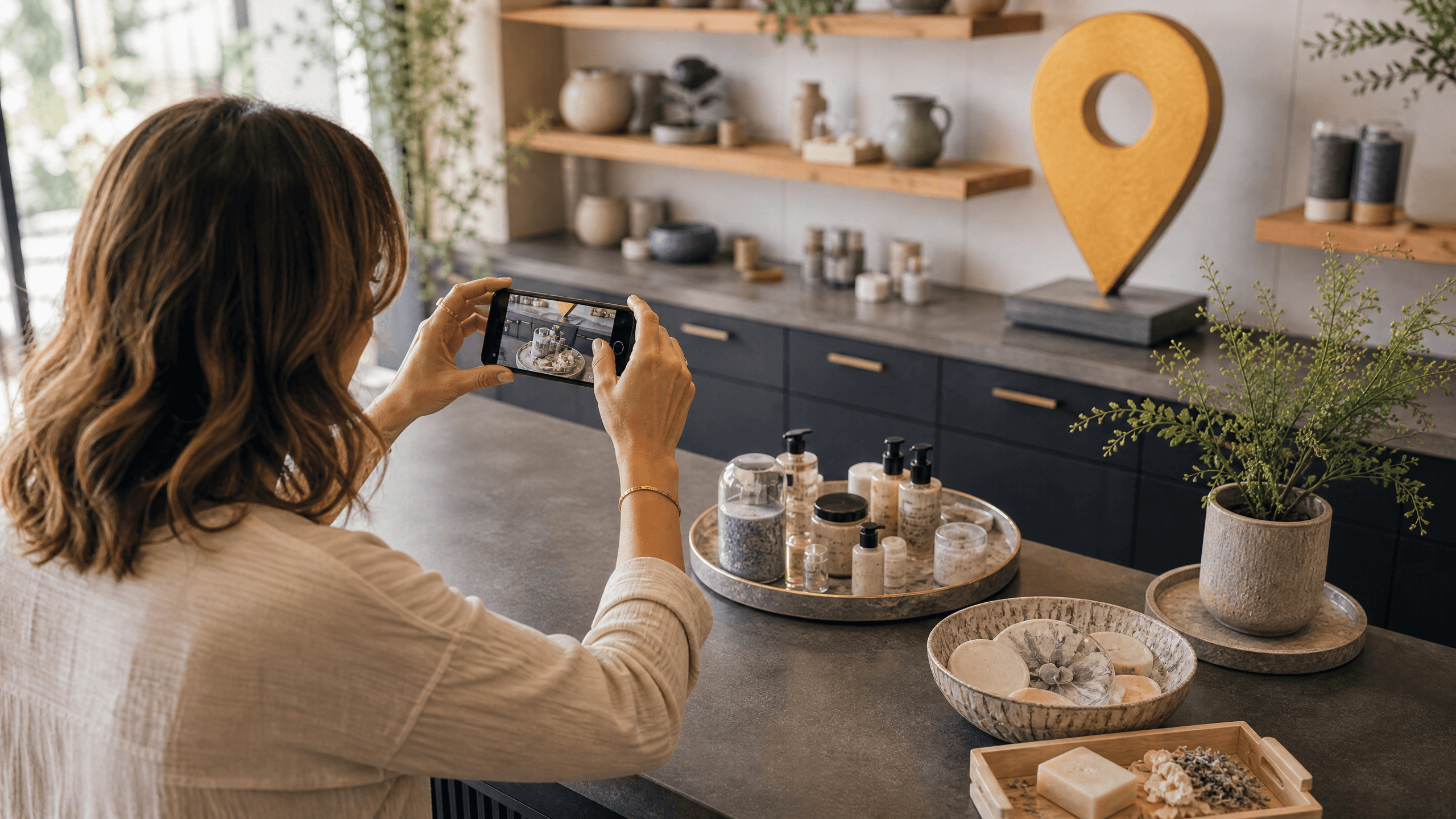 Business owner photographing authentic products in a bright independent shop