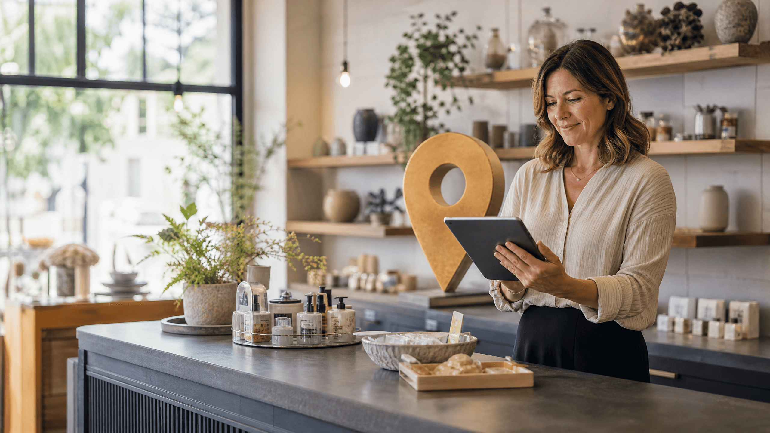 Small-business owner reviewing profile details in a bright independent shop