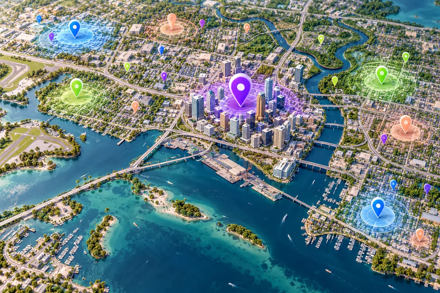 Tampa-inspired aerial map with neighborhood ranking zones and colorful location pins