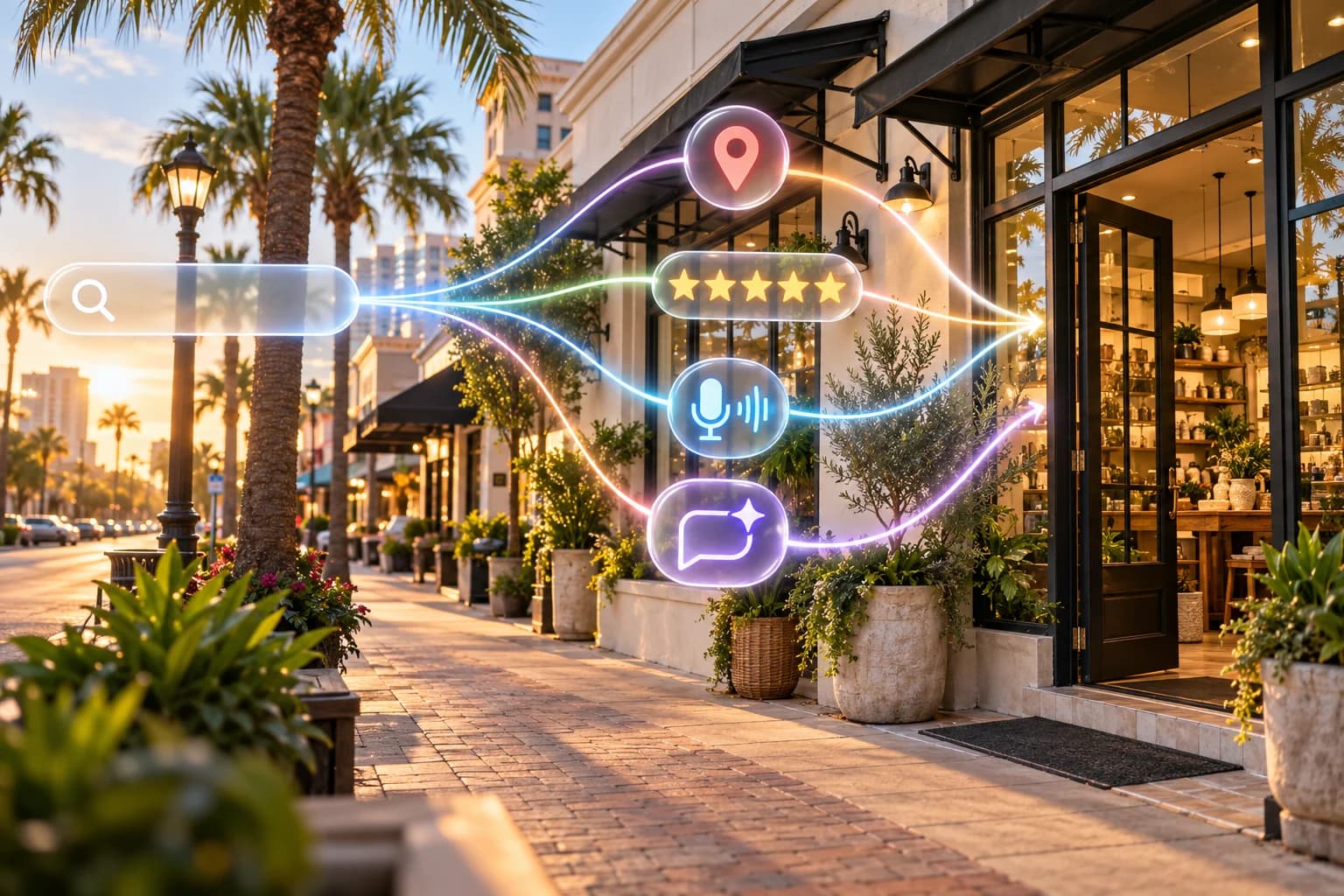 Traditional search branching into Maps, reviews, voice search, and AI discovery around a Tampa storefront