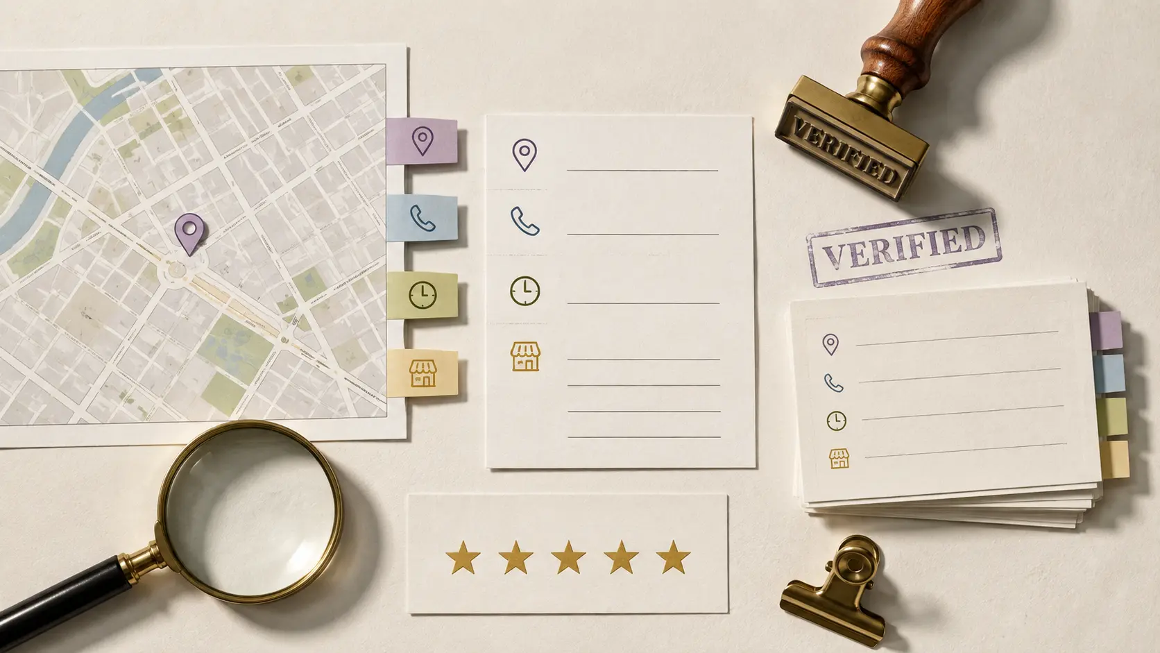 Map and verified local business information arranged on a desk