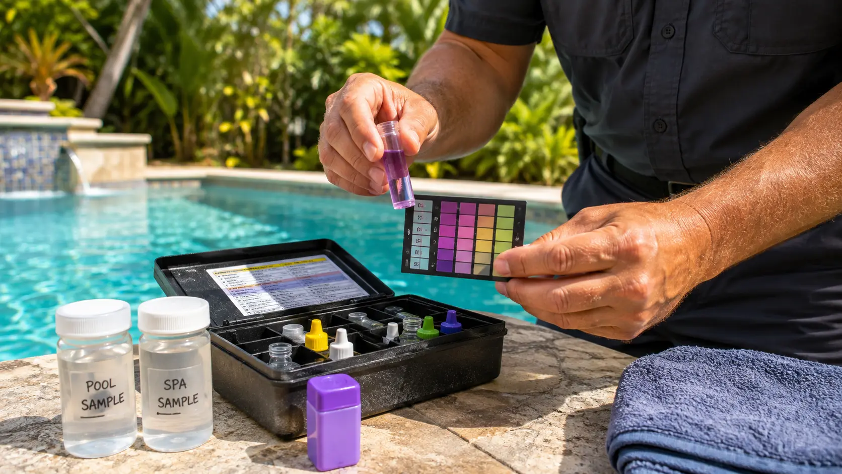 Pool professional testing water quality in Tampa
