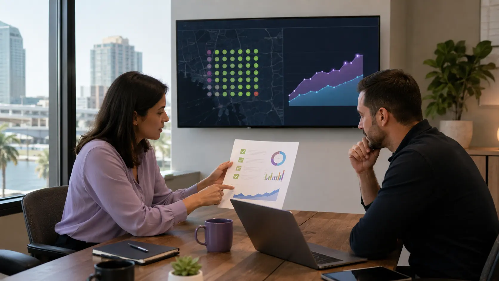 Business owner and strategist reviewing a local ranking recovery plan
