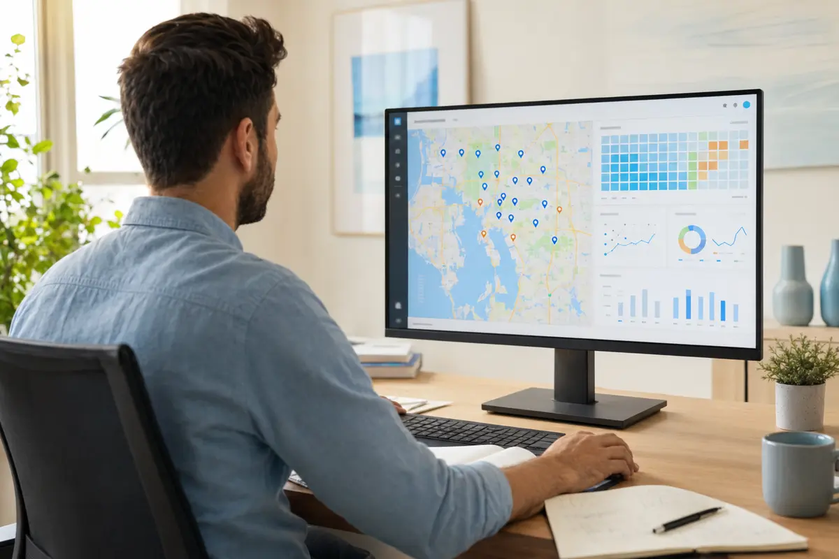 SEO strategist reviewing local search rankings on a desktop monitor