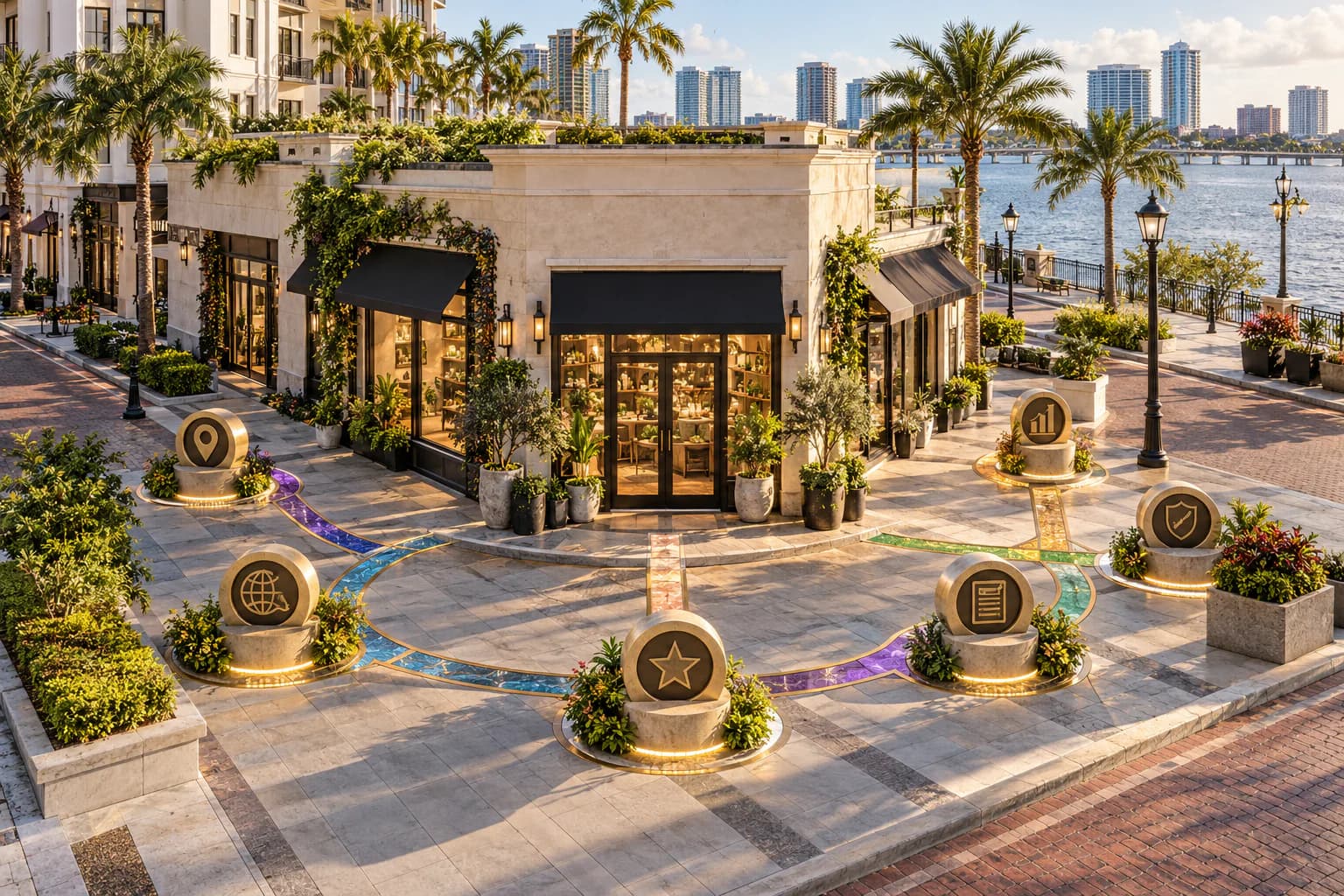 Photorealistic Tampa storefront surrounded by connected local SEO strategy markers