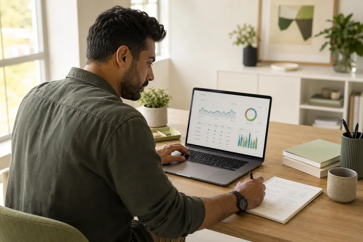 Business owner reviewing search marketing performance on a laptop