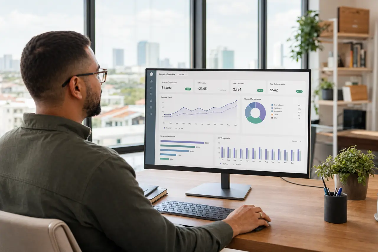 Business owner reviewing marketing growth data at a desktop computer