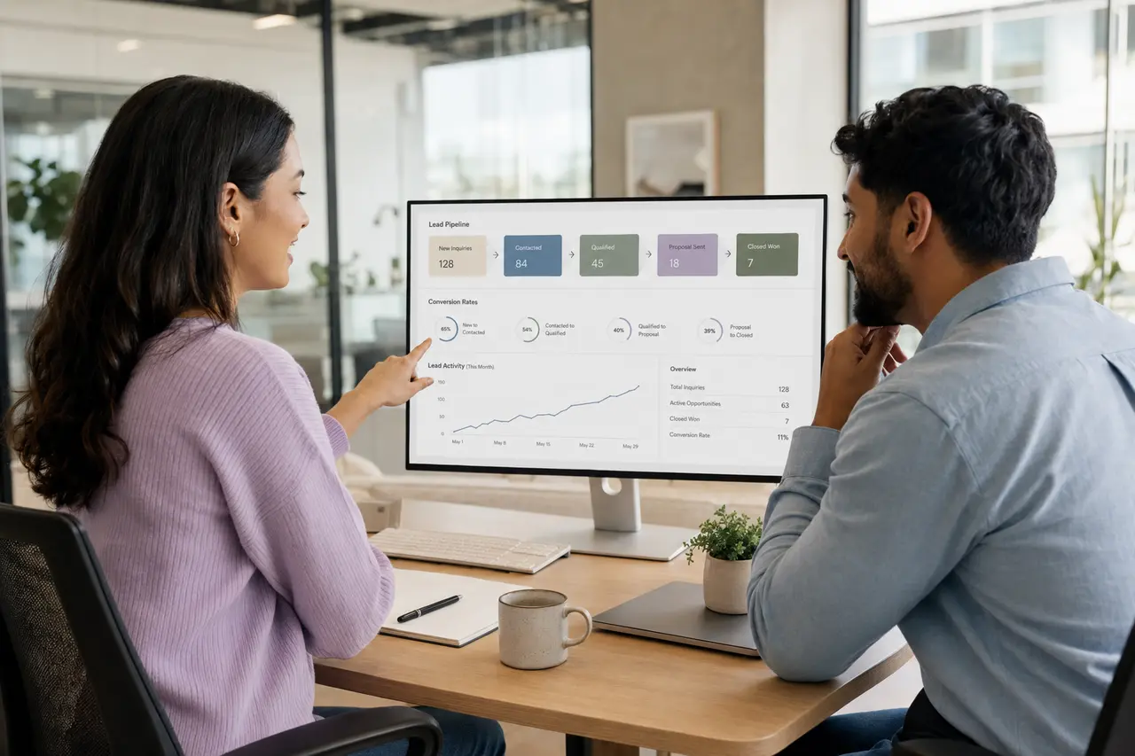 Business team reviewing lead and conversion data at a desktop computer
