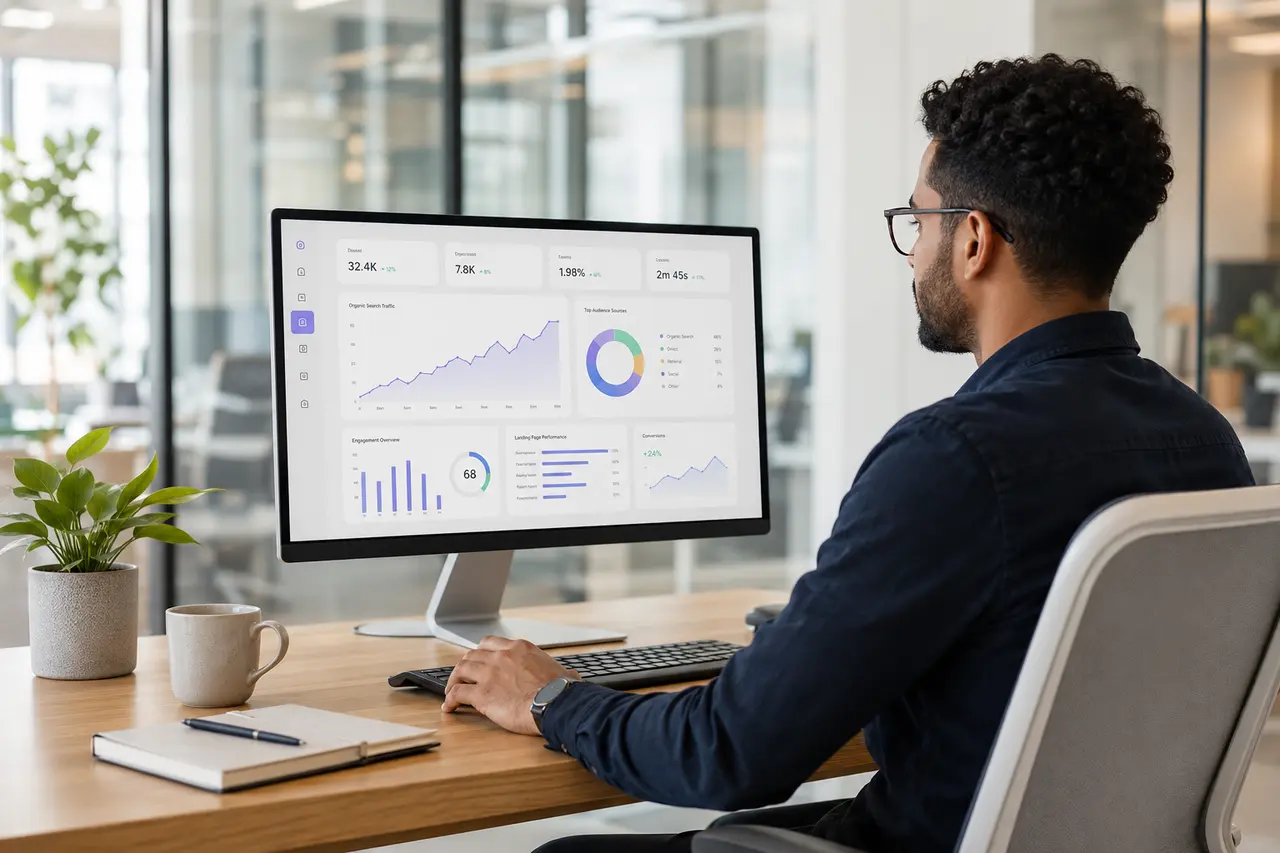 Marketing professional reviewing organic search traffic data at a desktop computer