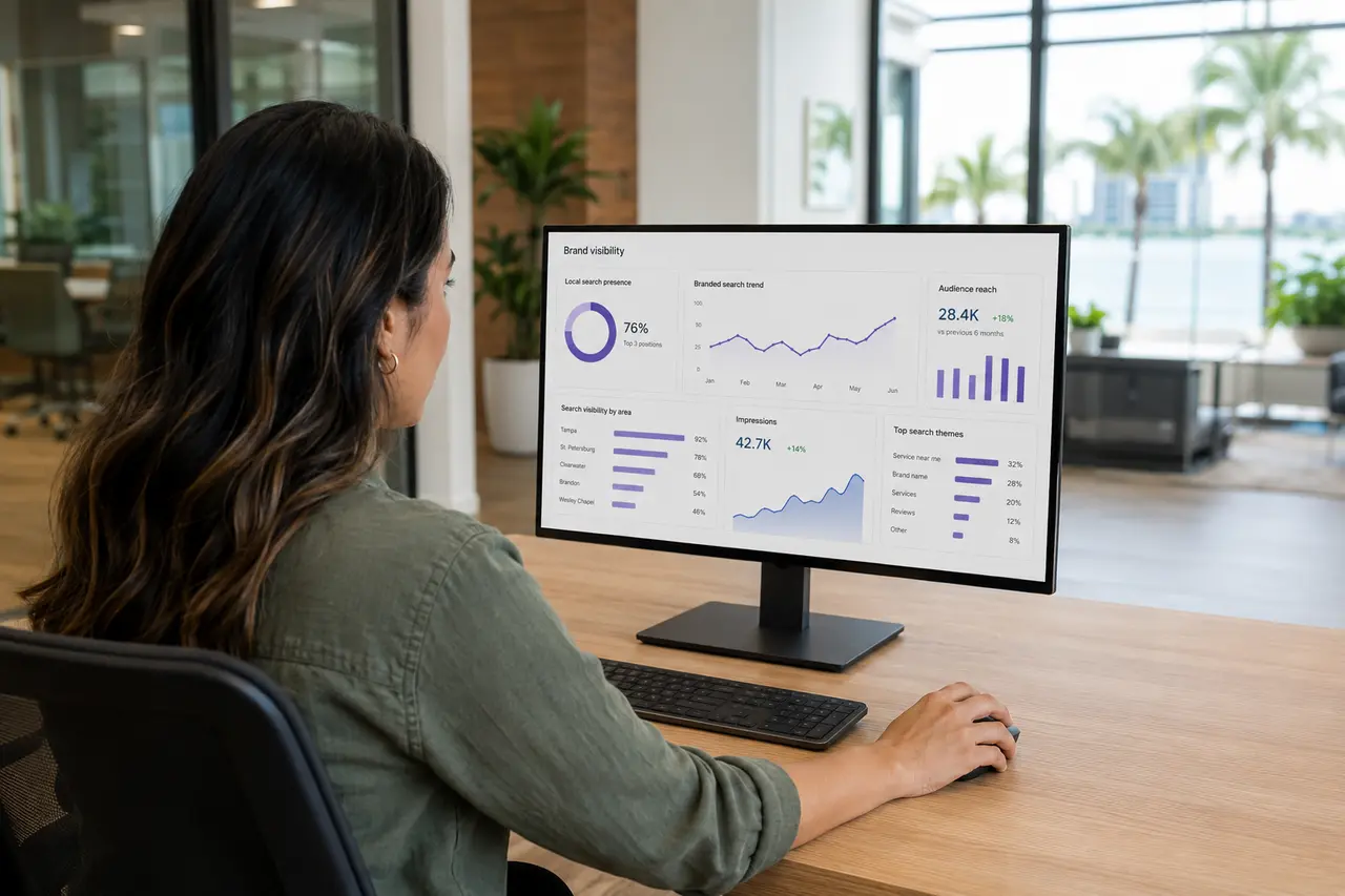 Marketing professional reviewing search visibility performance